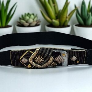 Vintage Stretch Statement Belt | Resort-Ready | M-L | Black Gold Accents